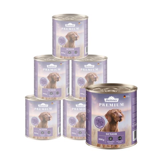 Dehner Premium Hundefutter, Nassfutter getreidefrei, für ältere Hunde, Rind / Lamm / Kartoffel, 6 x 800 g Dose (4.8 kg)
