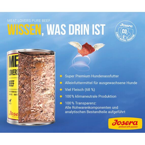 JOSERA Meat Lovers Pure Beef (6 x 800 g) | Adult | Premium Nassfutter für ausgewachsene Hunde | extra viel Rindfleisch (68%) | Monoprotein | getreidefrei | Hundefutter nass | 6er Pack