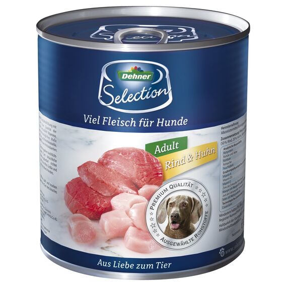 Dehner Premium Hundefutter, Nassfutter getreidefrei, für ausgewachsene Hunde, Rind / Huhn, 6 x 800 g Dose (4.8 kg)