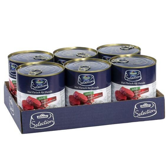 Dehner Premium Hundefutter, Nassfutter getreidefrei, für ausgewachsene Hunde, Rind / Geflügelherzen, 6 x 800 g Dose (4.8 kg)