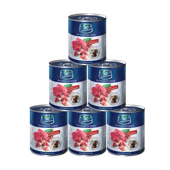 Dehner Premium Hundefutter, Nassfutter getreidefrei, für ausgewachsene Hunde, Rind / Geflügelherzen, 6 x 800 g Dose (4.8 kg)