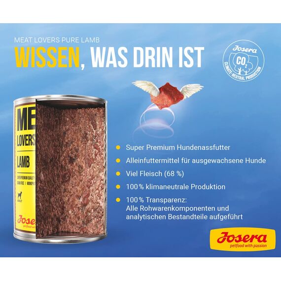 JOSERA Meat Lovers Pure Lamb (6 x 800 g) | Adult | Premium Nassfutter für ausgewachsene Hunde | extra viel Lammfleisch (68%) | Monoprotein | getreidefrei | Hundefutter nass | 6er Pack