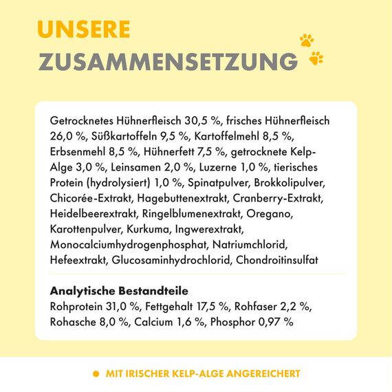 Irish Pure Trockenfutter Adult | 12kg | Freiland-Huhn mit Kelp-Alge & Gemüse | Hoher Fleischanteil | Getreidefrei | Sensitiv | Hundetrockenfutter | Hundefutter für alle Rassen