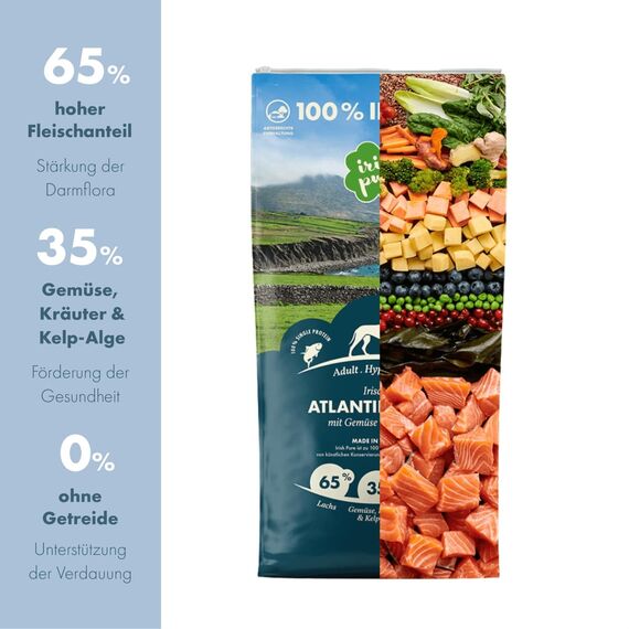 Irish Pure Hypoallergenes Trockenfutter Adult | 1,5kg | Atlantik-Lachs mit Kelp-Alge & Gemüse | Hoher Fleischanteil | Getreidefrei | Sensitiv | Hundetrockenfutter | Für alle Rassen