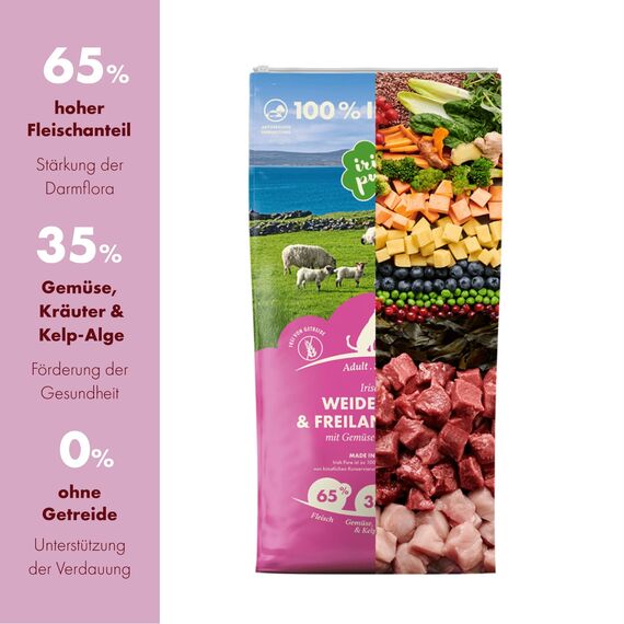 Irish Pure Trockenfutter Adult | 4kg | Weidelamm & Freiland-Huhn mit Kelp-Alge | Hoher Fleischanteil | Getreidefrei | Sensitiv | Hundetrockenfutter | Hundefutter für alle Rassen