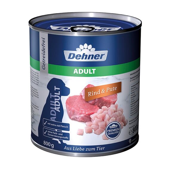 Dehner Premium Hundefutter, Nassfutter getreidefrei, für ausgewachsene Hunde, Rind / Pute, 6 x 800 g Dose (4.8 kg)