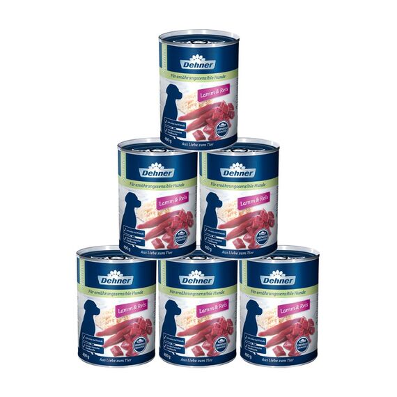 Dehner Premium Hundefutter Sensitive, Nassfutter zuckerfrei / getreidefrei, für ausgewachsene ernährugssensible Hunde, Lamm / Reis, 6 x 400 g Dose (2.4 kg)
