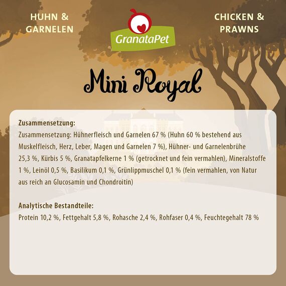 GranataPet Mini Royal Huhn & Garnelen, Nassfutter für Hunde, Hundefutter ohne Getreide & ohne Zuckerzusatz, Alleinfuttermittel für ausgewachsene Hunde, 11 x 150 g