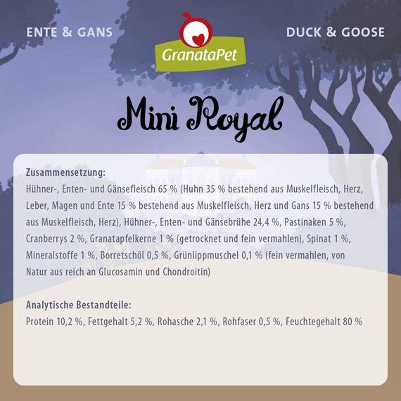 GranataPet Mini Royal Ente & Gans, Nassfutter für Hunde, Hundefutter ohne Getreide & ohne Zuckerzusatz, Alleinfuttermittel für ausgewachsene Hunde, 11 x 150 g