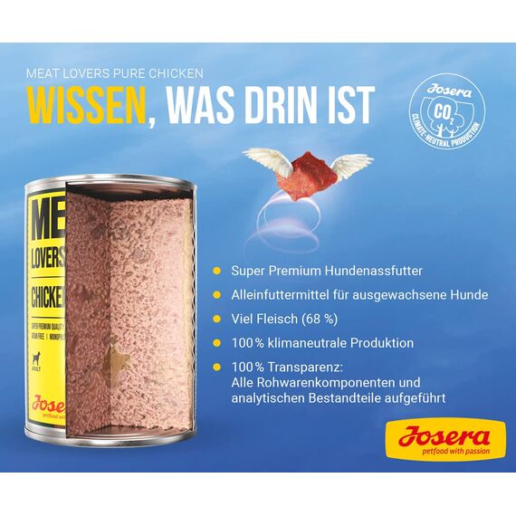 Josera Meat Lovers Pure Chicken | Nassfutter für Hunde | hoher Fleischanteil | getreidefrei | leckeres Huhn | Alleinfuttermittel | 6 x 400 g