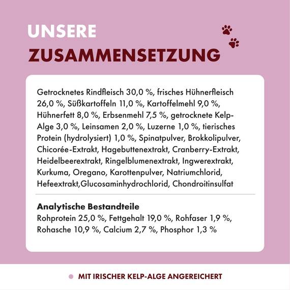 Irish Pure Trockenfutter Adult | 1,5kg | Weiderind & Freiland-Huhn mit Kelp-Alge | Hoher Fleischanteil | Getreidefrei | Sensitiv | Hundetrockenfutter | Hundefutter für alle Rassen