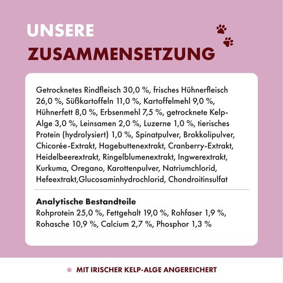 Irish Pure Trockenfutter Adult | 4kg | Weiderind & Freiland-Huhn mit Kelp-Alge | Hoher Fleischanteil | Getreidefrei | Sensitiv | Hundetrockenfutter | Hundefutter für alle Rassen