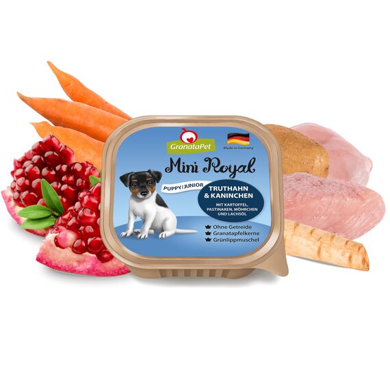GranataPet Mini Royal Truthan & Kaninchen Junior, Nassfutter für Hunde, Hundefutter ohne Getreide & ohne Zuckerzusatz, Alleinfuttermittel für heranwachsende Hunde, 11 x 150 g (Packung mit 2)
