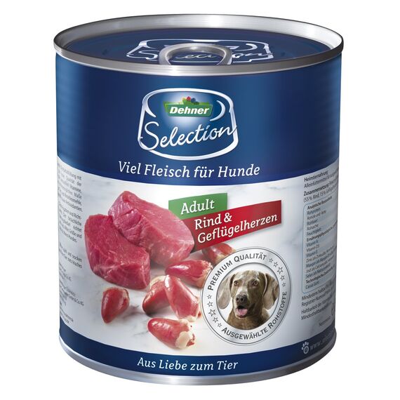 Dehner Premium Hundefutter, Nassfutter getreidefrei, für ausgewachsene Hunde, Rind / Geflügelherzen, 6 x 800 g Dose (4.8 kg)