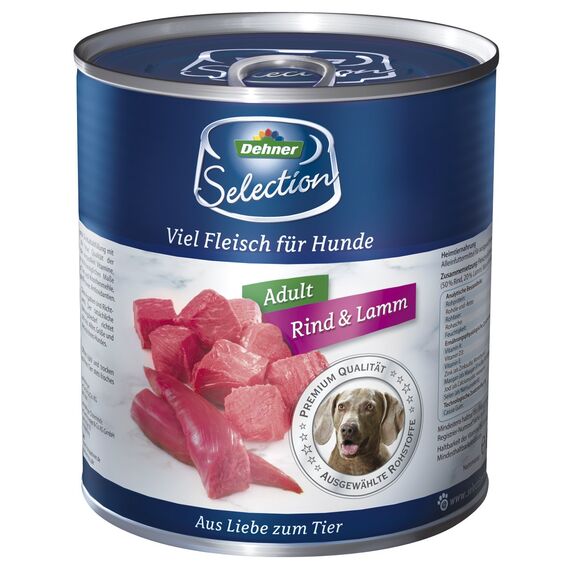 Dehner Premium Hundefutter, Nassfutter getreidefrei, für ausgewachsene Hunde, Rind / Lamm, 6 x 800 g Dose (4.8 kg)