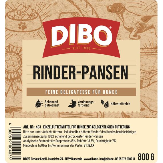 DIBO Rinderpansen im Eimer, 800g, der kleine Naturkau-Snack oder Leckerli für Zwischendurch, Hundefutter, Qualitätskauartikel ohne Chemie