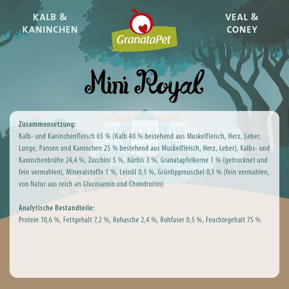 GranataPet Mini Royal Kalb & Kaninchen, Nassfutter für Hunde, Hundefutter ohne Getreide & ohne Zuckerzusatz, Alleinfuttermittel für ausgewachsene Hunde, 11 x 150 g