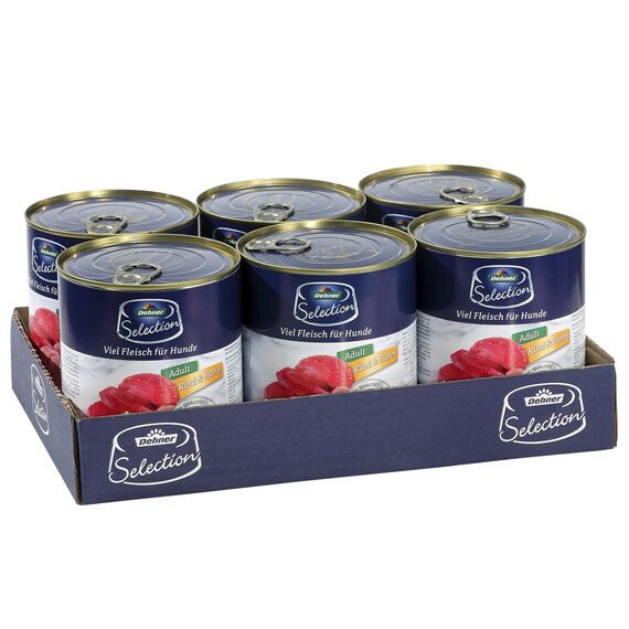 Dehner Premium Hundefutter, Nassfutter getreidefrei, für ausgewachsene Hunde, Rind / Huhn, 6 x 800 g Dose (4.8 kg)