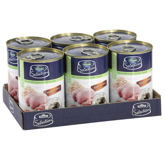 Dehner Premium Hundefutter Sensitive, Nassfutter zuckerfrei / getreidefrei, für ausgewachsene ernährugssensible Hunde, Huhn / Reis, 6 x 400 g Dose (2.4 kg)