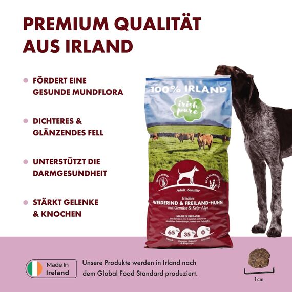 Irish Pure Trockenfutter Adult | 12kg | Weiderind & Freiland-Huhn mit Kelp-Alge | Hoher Fleischanteil | Getreidefrei | Sensitiv | Hundetrockenfutter | Hundefutter für alle Rassen