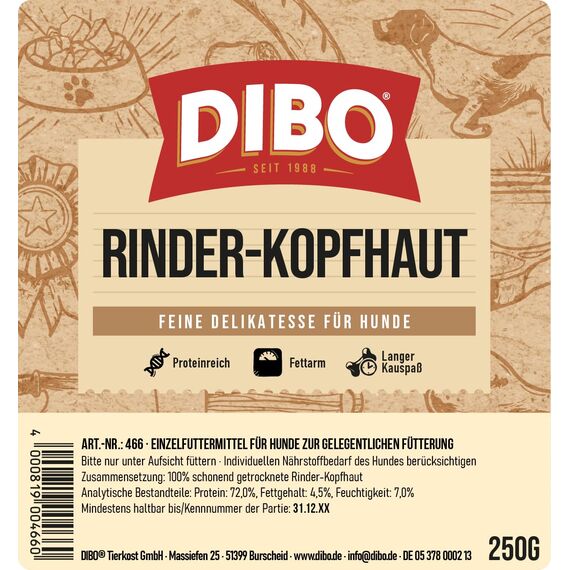 DIBO Rinderkopfhaut, 250g-Beutel, der kleine Naturkau-Snack oder Leckerli für Zwischendurch, Hundefutter, Qualitätskauartikel ohne Chemie