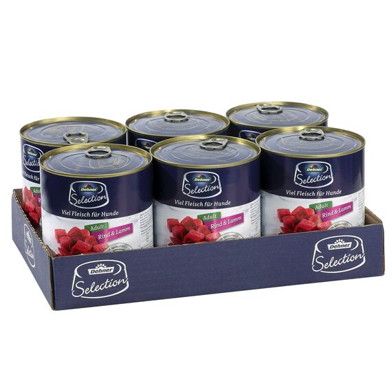 Dehner Premium Hundefutter, Nassfutter getreidefrei, für ausgewachsene Hunde, Rind / Lamm, 6 x 800 g Dose (4.8 kg)