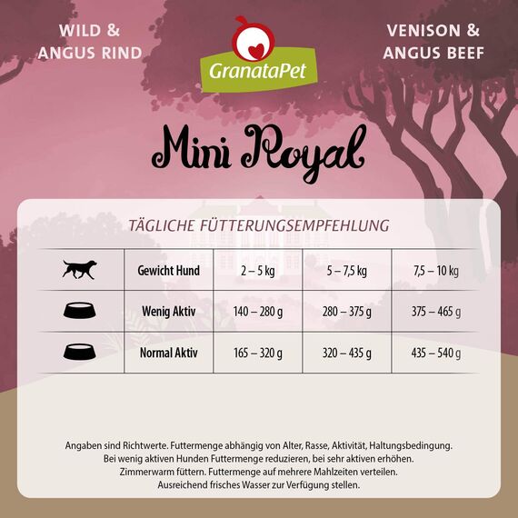 GranataPet Mini Royal Wild & Angus Rind, Nassfutter für Hunde, Hundefutter ohne Getreide & ohne Zuckerzusatz, Alleinfuttermittel für ausgewachsene Hunde, 11 x 150 g