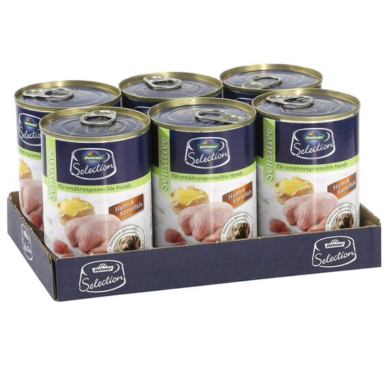 Dehner Premium Hundefutter Sensitive, Nassfutter zuckerfrei / getreidefrei, für ausgewachsene ernährugssensible Hunde, Huhn / Kartoffel, 6 x 400 g Dose (2.4 kg)