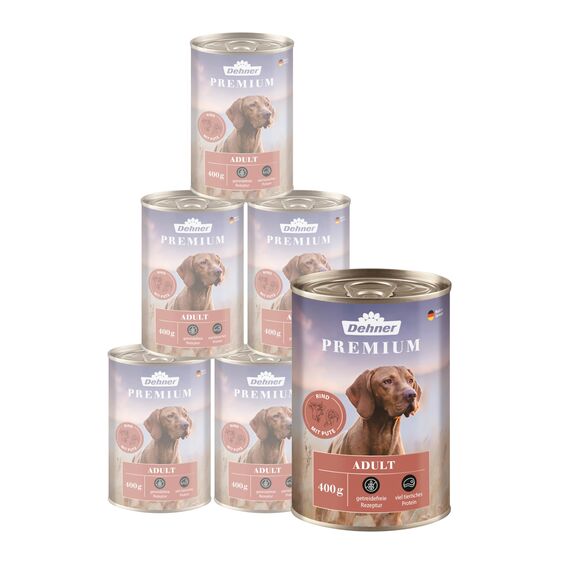 Dehner Premium Hundefutter Adult, Rind und Pute, 6 x 400 g (2400 g)