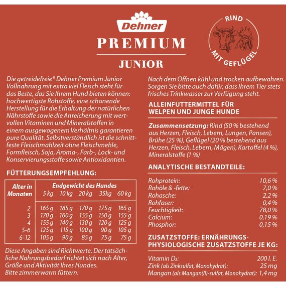 Dehner Premium Hundefutter Junior | Nassfutter für Welpen und junge Hunde | Hundenassfutter in Premiumqualität | hoher Fleischanteil | getreidefei | mit Rind, Geflügel und Kartoffel | 6 x 800 g