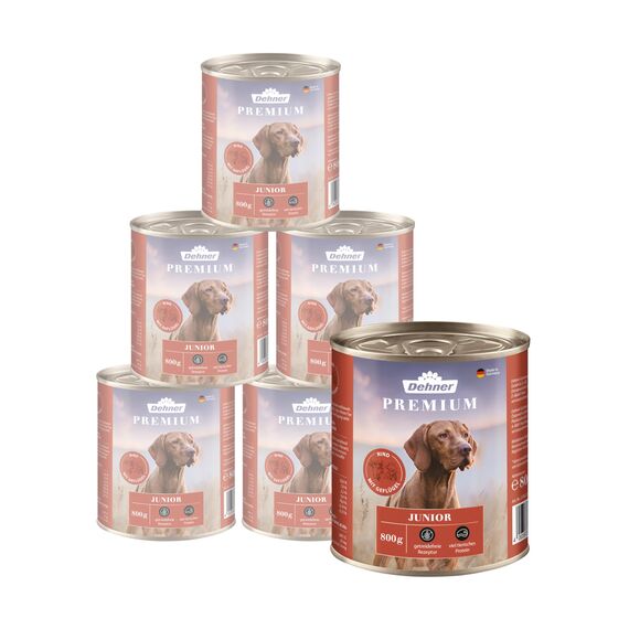 Dehner Premium Hundefutter Junior | Nassfutter für Welpen und junge Hunde | Hundenassfutter in Premiumqualität | hoher Fleischanteil | getreidefei | mit Rind, Geflügel und Kartoffel | 6 x 800 g