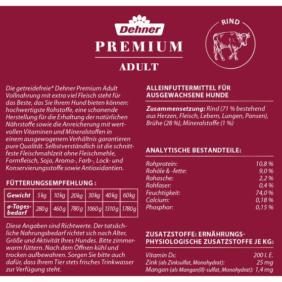 Dehner Premium Hundefutter Adult, Rind, 6 x 800 g (4800 g)