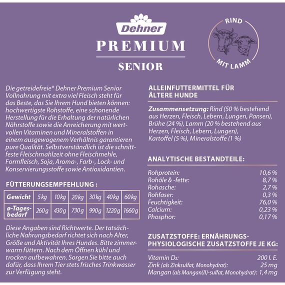 Dehner Premium Hundefutter, Nassfutter getreidefrei, für ältere Hunde, Rind / Lamm / Kartoffel, 6 x 800 g Dose (4.8 kg)