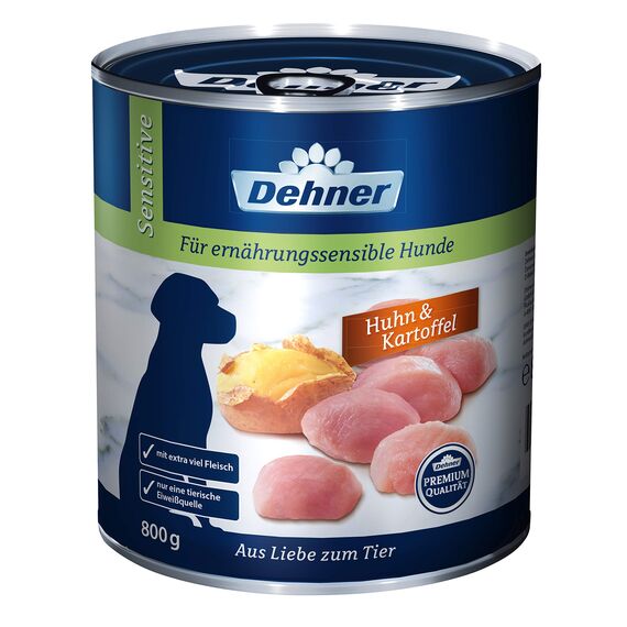 Dehner Premium Hundefutter Sensitive, Nassfutter zuckerfrei / getreidefrei, für ausgewachsene ernährugssensible Hunde, Huhn / Kartoffel, 6 x 800 g Dose (4.8 kg)