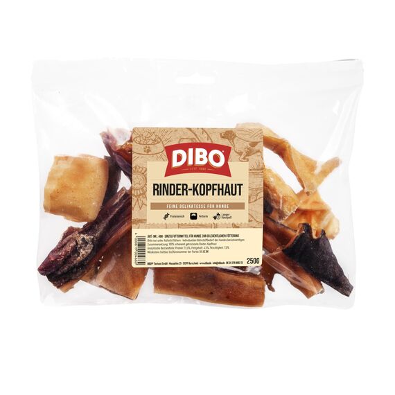 DIBO Rinderkopfhaut, 250g-Beutel, der kleine Naturkau-Snack oder Leckerli für Zwischendurch, Hundefutter, Qualitätskauartikel ohne Chemie