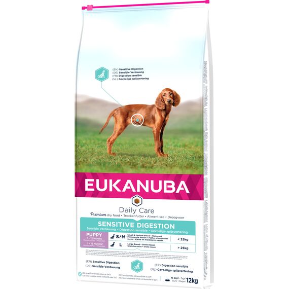 Eukanuba Daily Care Sensitive Digestion Welpenfutter - Trockenfutter für Welpen mit sensibler Verdauung, Magenfreundlich mit leicht verdaulichem Reis, 12 kg