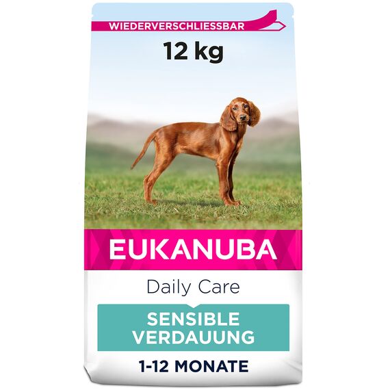 Eukanuba Daily Care Sensitive Digestion Welpenfutter - Trockenfutter für Welpen mit sensibler Verdauung, Magenfreundlich mit leicht verdaulichem Reis, 12 kg