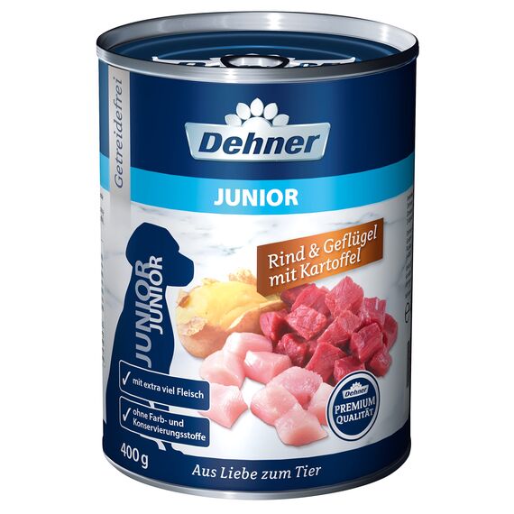 Dehner Premium Hundefutter Junior, Rind und Geflügel mit Kartoffel, 6 x 400 g (2.4 kg)