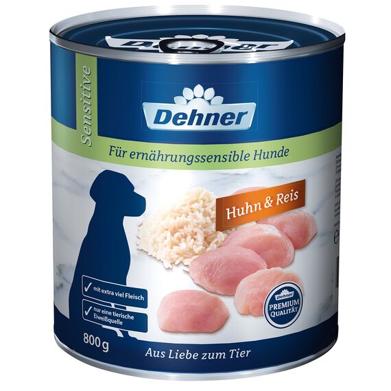 Dehner Premium Hundefutter Sensitive, Nassfutter zuckerfrei / getreidefrei, für ausgewachsene ernährugssensible Hunde, Huhn / Reis, 6 x 800 g Dose (4.8 kg)
