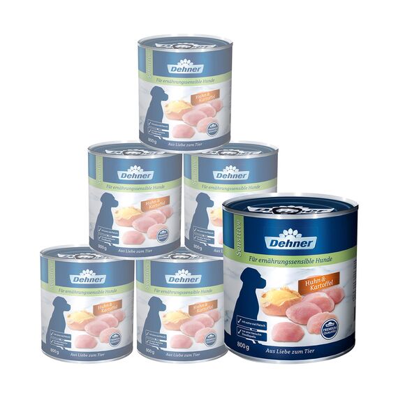 Dehner Premium Hundefutter Sensitive, Nassfutter zuckerfrei / getreidefrei, für ausgewachsene ernährugssensible Hunde, Huhn / Kartoffel, 6 x 800 g Dose (4.8 kg)