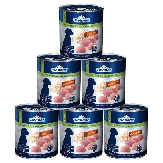 Dehner Premium Hundefutter Sensitive, Nassfutter zuckerfrei / getreidefrei, für ausgewachsene ernährugssensible Hunde, Huhn / Reis, 6 x 800 g Dose (4.8 kg)