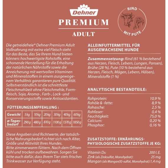 Dehner Premium Hundefutter, Nassfutter getreidefrei, für ausgewachsene Hunde, Rind / Pute, 6 x 800 g Dose (4.8 kg)