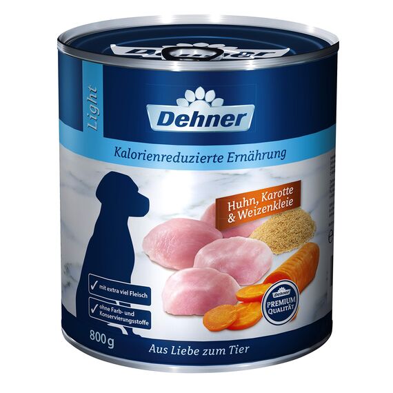 Dehner Premium Hundefutter Light, Nassfutter fettreduziert, für übergewichtige Hunde, Huhn / Karotte, 6 x 800 g Dose (4.8 kg)