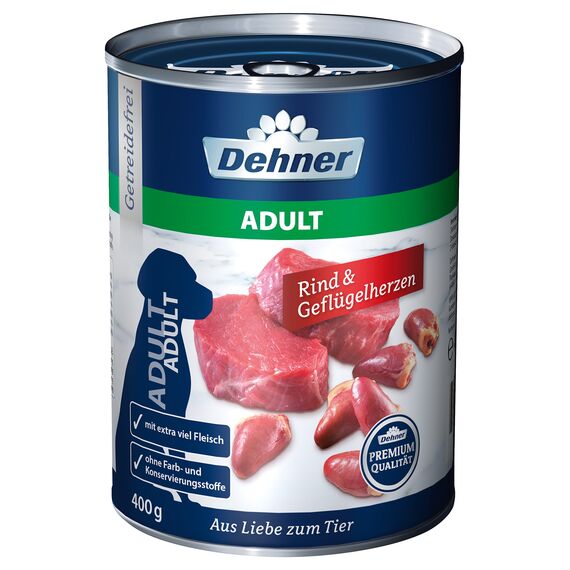 Dehner Premium Hundefutter Adult, Rind und Geflügelherzen, 6 x 400 g (2.4 kg)