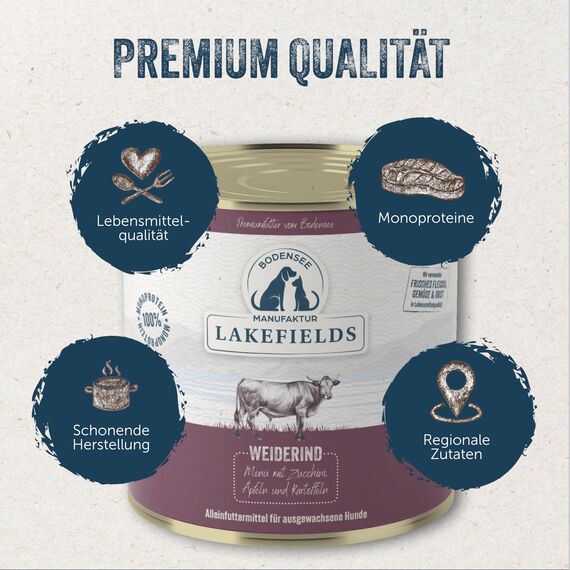 Lakefields Premium Hundefutter Nass | Rind 61% | 6 x 400g | Getreidefreies Nassfutter für Hunde | Natürliche Zutaten in Lebensmittelqualität | Äpfel, Zucchini & Karotten | Schonend gegart