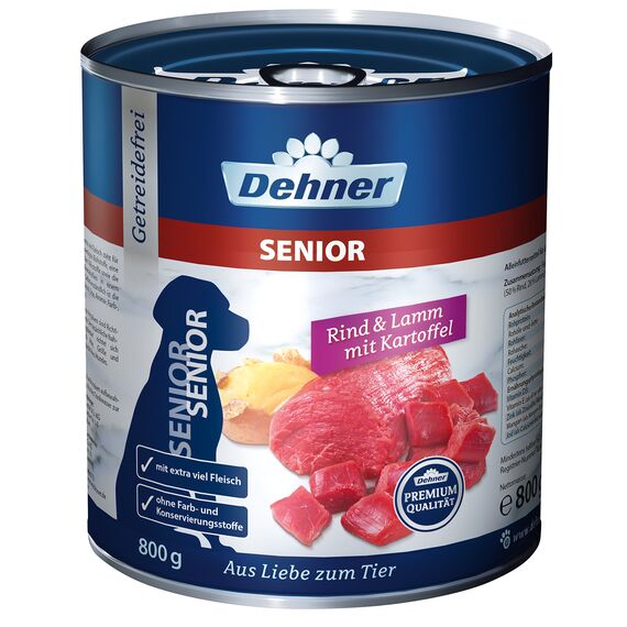 Dehner Premium Hundefutter, Nassfutter getreidefrei, für ältere Hunde, Rind / Lamm / Kartoffel, 6 x 800 g Dose (4.8 kg)