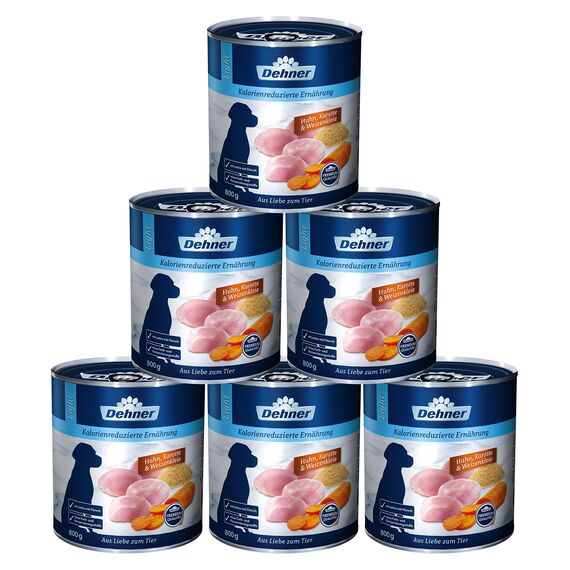 Dehner Premium Hundefutter Light, Nassfutter fettreduziert, für übergewichtige Hunde, Huhn / Karotte, 6 x 800 g Dose (4.8 kg)