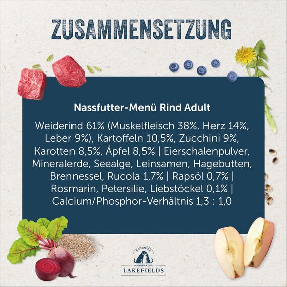 Lakefields Premium Hundefutter Nass | Rind 61% | 6 x 200g | Getreidefreies Nassfutter für Hunde | Natürliche Zutaten in Lebensmittelqualität | Äpfel, Zucchini & Karotten | Schonend gegart