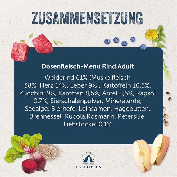 Lakefields Premium Hundefutter Nass | Rind 61% | 6 x 400g | Getreidefreies Nassfutter für Hunde | Natürliche Zutaten in Lebensmittelqualität | Äpfel, Zucchini & Karotten | Schonend gegart