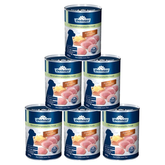 Dehner Premium Hundefutter Sensitive, Nassfutter zuckerfrei / getreidefrei, für ausgewachsene ernährugssensible Hunde, Huhn / Kartoffel, 6 x 400 g Dose (2.4 kg)